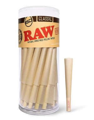RAW Cones Classic 1-1/4 Size | 50 Pack | Natural Pre Rolled Rolling Paper with Tips & Packing Sticks Included
