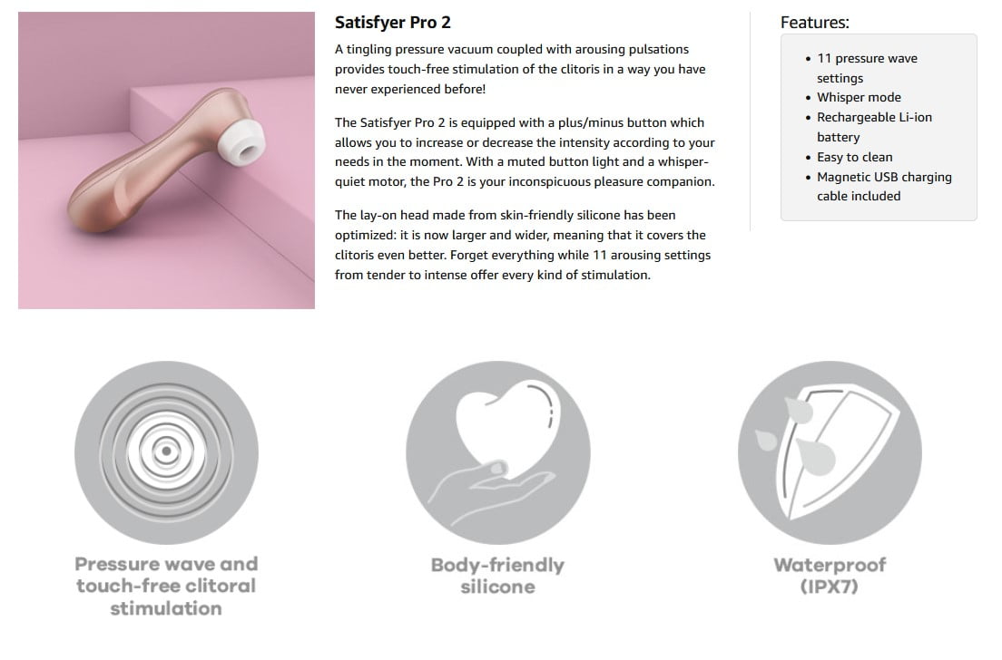 Satisfyer Pro 2 Air-Pulse Clitoris Stimulator - Non-Contact Clitoral Sucking Pressure-Wave Technology, Waterproof, Rechargeable (Rose Gold) 