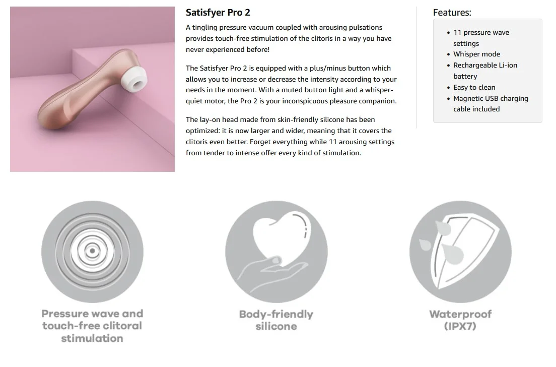 Satisfyer Pro 2 Air-Pulse Clitoris Stimulator - Non-Contact Clitoral Sucking Pressure-Wave Technology, Waterproof, Rechargeable (Rose Gold)